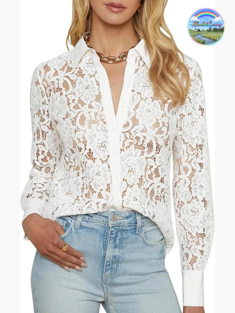 Sheer Long Sleeve Lace Button Down Blouse Dressy Casual Cotton Boho Top